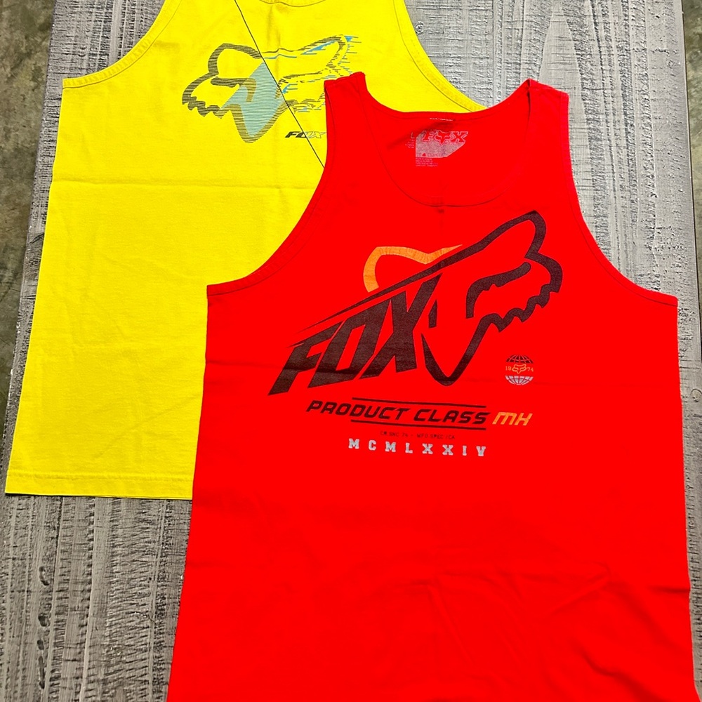 2 Fox Men's Red and Yellow Tank Tops